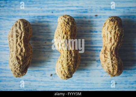 Arachidi fresche in guscio sulla scrivania blu Foto Stock