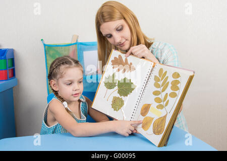 Cinque anni di ragazza e madre esaminando Herbarium mostra su un foglio di un album Foto Stock