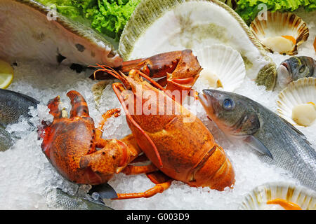 Pesce fresco su ghiaccio Foto Stock