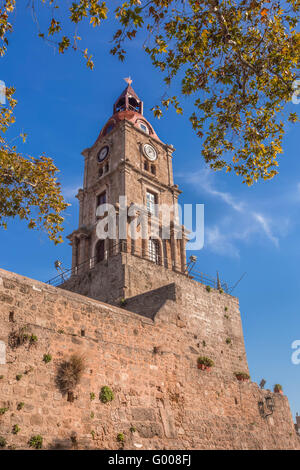 Roloi clock tower, centro storico dell'isola di Rodi, Grecia Foto Stock