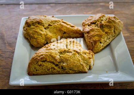 Uva passa e cannella scones su una piazza piastra bianca Foto Stock