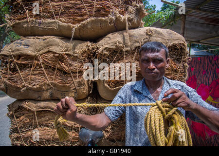 Grande quantità di tabacchi a secco il caricamento in un carrello portante in al di fuori di Dhaka, manikganj, Bangladesh. Foto Stock