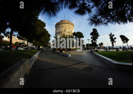 Ampio angolo di visione della torre bianca pietra miliare di Salonicco o Tessalonica, visto dall'adiacente parco ombreggiato. La Grecia settentrionale Foto Stock