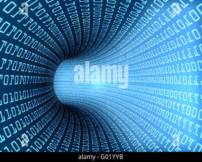 3d di un tubo con testo binario e gli effetti di luce come concetto per la world wide il trasferimento dei dati Foto Stock