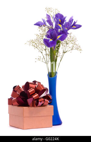 Bouquet di iridi e confezione regalo su sfondo bianco Foto Stock