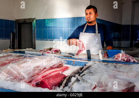 La Pescaderia Corbeteña, mercato del pesce nella città vecchia di Puerto Vallarta, Zona Romantica, vendita di pesce fresco sul ghiaccio con pescivendolo in viejo Vallarta Foto Stock