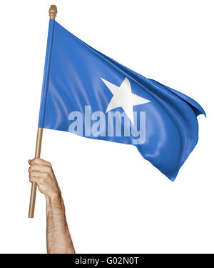Mano orgogliosamente sventolare la bandiera nazionale della Somalia, rendering 3D Foto Stock