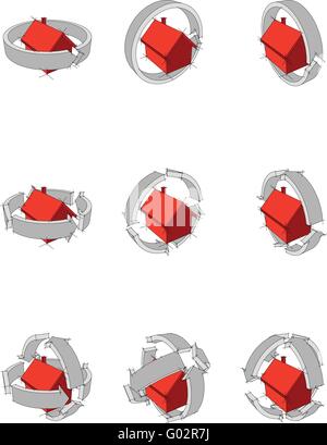 Raccolta di nove diagrammi di una semplice casa unifamiliare con frecce grigie ruotando attorno la casa rossa Illustrazione Vettoriale