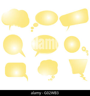 Raccolta di stilizzata testo giallo bolle, vettore oggetti isolati su bianco Foto Stock