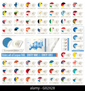 Gli adesivi con tutti gli europei counrtys bandiere, nomi fine abbreviazioni Foto Stock