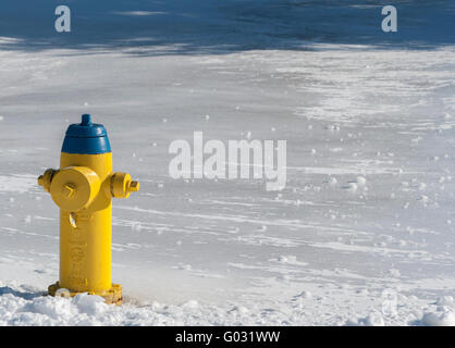 Giallo e blu idrante di fuoco nella neve Foto Stock