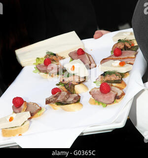 Cameriere che serve finger food, tapas e antipasti - Foto Stock