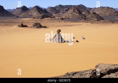 Campeggio di una spedizione, il deserto del Sahara, Libia Foto Stock