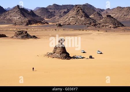 Campeggio di una spedizione, il deserto del Sahara, Libia Foto Stock