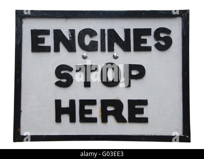 Motori di antiquariato stop qui segno isolato su sfondo bianco Foto Stock