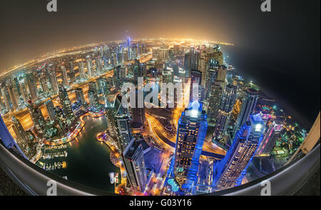 Dubai Marina 1000fts sopra (fisheye) Foto Stock