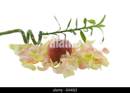 Il bambù e il big red fresh apple con rose aromatico lasciare isolato su bianco Foto Stock