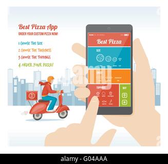 La pizza migliore app interface design con ingrediente e icone sul display mobile Illustrazione Vettoriale