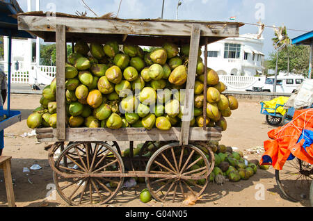 India, Puducherry, noci di cocco in stallo mobile sul carro in vendita in strada sulla giornata di sole Foto Stock