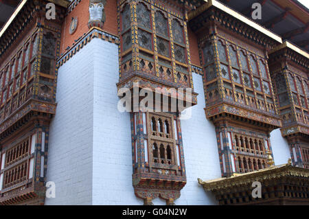 Alloggiamenti ornati in fortezza Phunaka Dzong, Bhutan Foto Stock