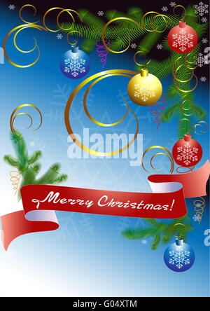 Albero di natale con un nastro rosso sul blu scuro backgr Foto Stock