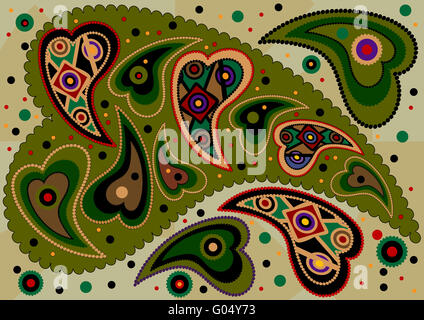 Colorate di paisley orientali su sfondo verde chiaro Foto Stock