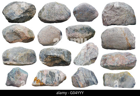Sedici grandi pietre di granito di massi di varie forme e dimensioni. Isolato su bianco collage da diverse foto all'aperto Foto Stock