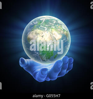 Illustrato mano che tiene una rutilante Earh globe Foto Stock