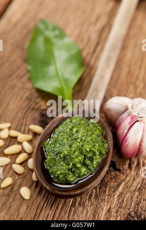 Pesto di aglio selvatico, aglio, pinoli, olio d'oliva e parmigiano Foto Stock