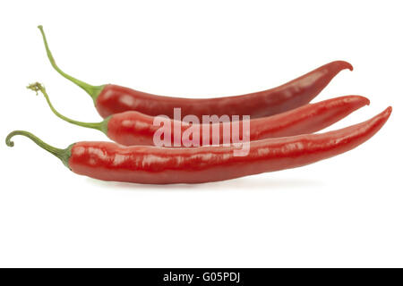 3 peperoncino rosso in fila su bianco backgroun Foto Stock