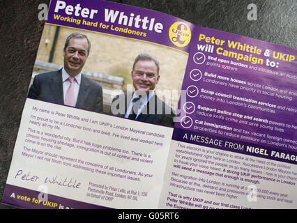 2016 London mayoral campagna elettorale letteratura - candidato UKIP Peter Whittle Foto Stock