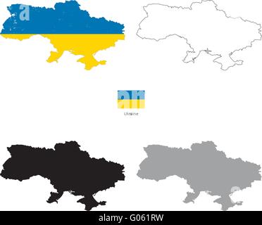 L'Ucraina paese silhouette nera e con la bandiera sullo sfondo Illustrazione Vettoriale