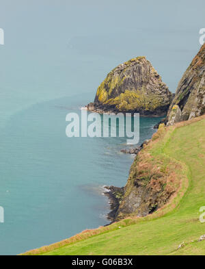 Ago Rock sull isola di dinas è un grande sito di nidificazione di uccelli marini tra cui guillimots, razorbills, fulmars e vari gabbiani. Foto Stock