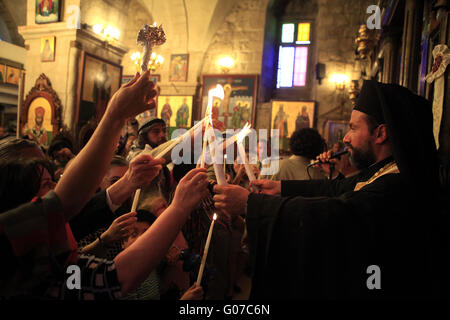 Ramallah, West Bank, Palestina. 11 Ago, 2014. Palestinesi rivestita per le strade di Ramallah per guardare scout (kashaf in arabo) marzo nella tradizionale Sabt al-Nour parade, segnando l arrivo del fuoco santo dalla Chiesa del Santo Sepolcro di Gerusalemme. Cristiani Palestinesi dalla Cisgiordania sono sempre più impossibile completare il pellegrinaggio a Christian luoghi santi di Gerusalemme durante il tempo di Pasqua e Natale. © Eloise Bollack/ZUMA filo/Alamy Live News Foto Stock