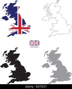 Regno Unito paese silhouette nera e con la bandiera sullo sfondo Illustrazione Vettoriale