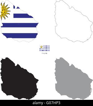 Uruguay unito paese silhouette nera e con la bandiera sullo sfondo Illustrazione Vettoriale
