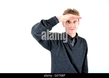 Bionda uomo di mantenere un belvedere Foto Stock