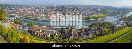 Vista panoramica sopra la città di Würzburg e fiume Main Foto Stock