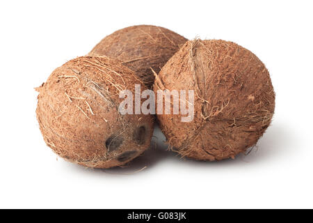 Tre noci di cocco isolati su sfondo bianco Foto Stock