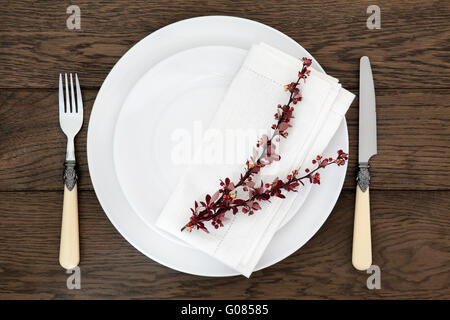 Tavola di Cena luogo impostazione con rotonde bianche piatti di porcellana, berberis foglie rametto, biancheria igienico con antichi posate. Foto Stock