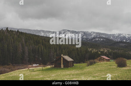 Bella log cabin in una foresta montana con le montagne sullo sfondo. Foto Stock