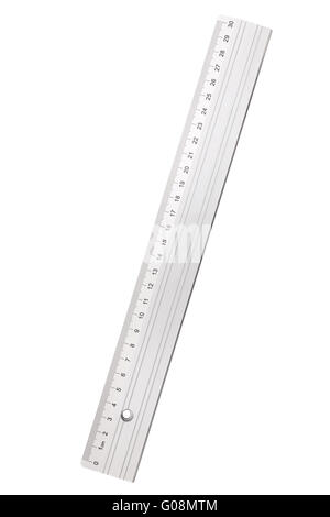 Utilizzato metallo argento righello, isolato su bianco Foto Stock
