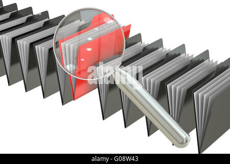 La ricerca di file concetto: cartelle e lente di ingrandimento, rendering 3D Foto Stock