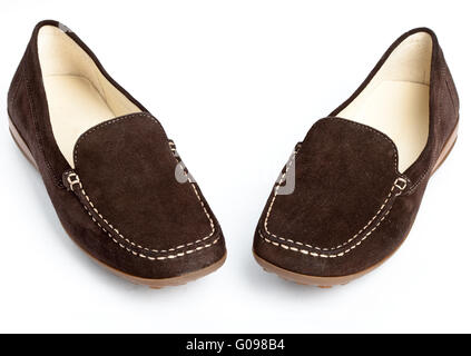 Scarpe femmina senza tallone su sfondo bianco Foto Stock