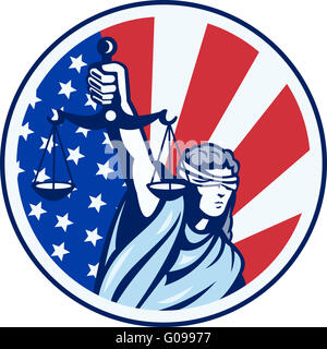 American Lady Holding Scales of Justice Flag retro Foto Stock