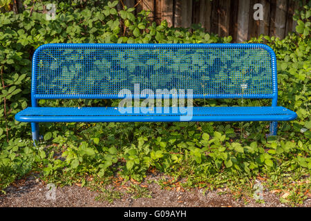 Banco di metallo in blu con foglie e recinzione di legno Foto Stock