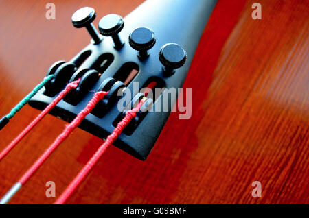 Primo piano musicale di stringhe e cordiera di un violoncello con spazio di copia Foto Stock