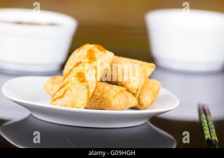 Springrolls elegantemente posizionato sulla piastra bianca con un po' di salsa di soia che copre Foto Stock