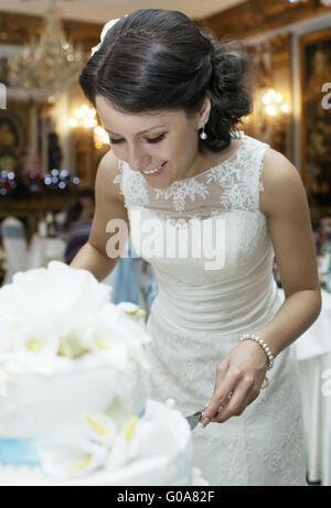 Sorridente bella sposa il taglio della torta di nozze Foto Stock