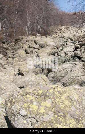 Morena antiche rocce con moss in inverno giornata di sole la Foto Stock